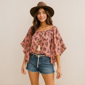 No Boundaries Pink Floral Off Shoulder Blouse XL Boho Whimsy‎ Fairy Cottagecore